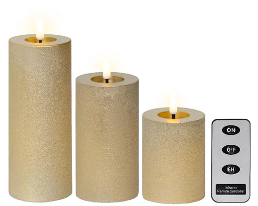 Set of 3 Gold LED Wick Candles – Remote Control Battery Operated - Image 2