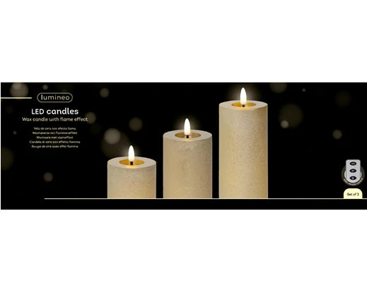 Set of 3 Gold LED Wick Candles – Remote Control Battery Operated - Image 3