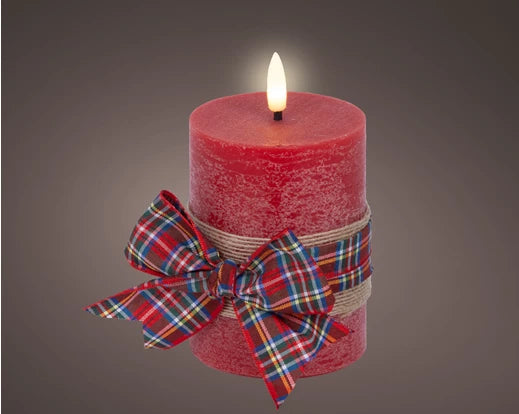 LED Wick Candle with Check Bow Decoration – Battery Operated dia7.5cm x H.13cm