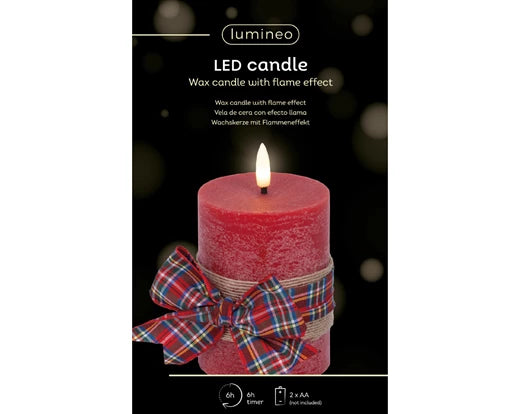 LED Wick Candle with Check Bow Decoration – Battery Operated dia7.5cm x H.13cm - Image 2
