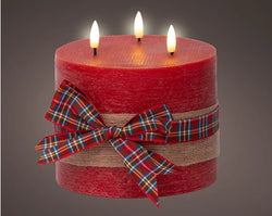 LED Wick Candle with Check Bow Decoration – Battery Operated dia15cm x H.15cm