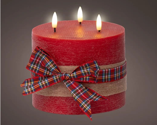 LED Wick Candle with Check Bow Decoration – Battery Operated dia15cm x H.15cm