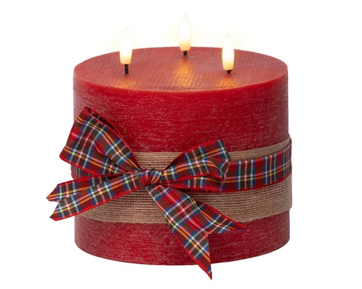 LED Wick Candle with Check Bow Decoration – Battery Operated dia15cm x H.15cm - Image 3