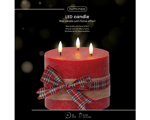 LED Wick Candle with Check Bow Decoration – Battery Operated dia15cm x H.15cm - Image 2
