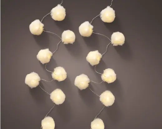 LED Pom-Pom String Lights – 20 Warm White LEDs, 2.85m (Battery Operated) White fur balls - Image 1