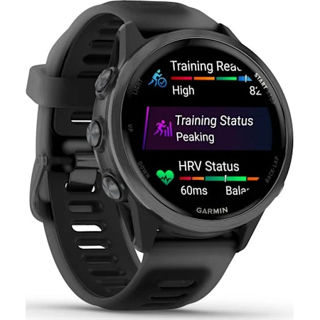 Garmin Forerunner 570 42MM GPS smartwatch in slate grey showing training readiness, status, and HRV metrics on screen.