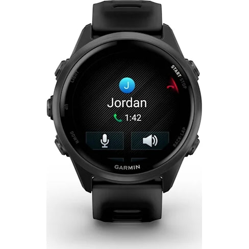 Garmin Forerunner 570 GPS smartwatch in slate grey showing an incoming call from Jordan on screen