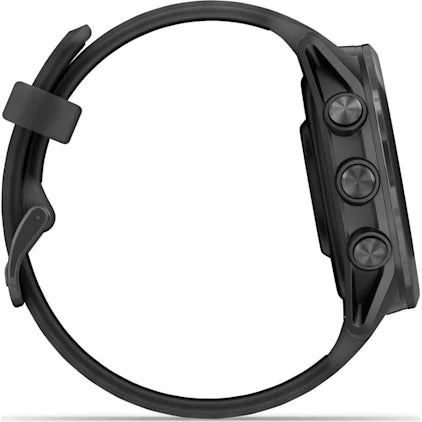 Side view of Garmin Forerunner 570 42MM GPS smartwatch in slate grey showing three buttons and black strap.