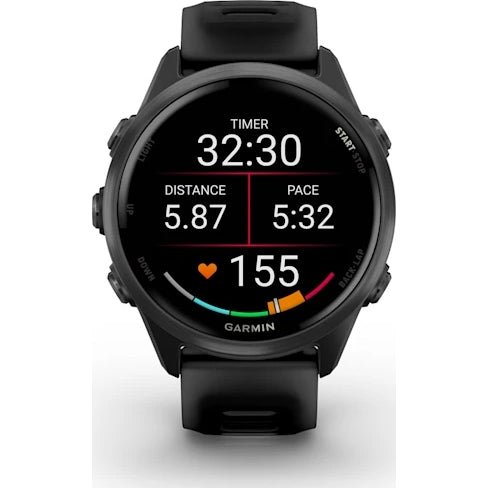 Garmin Forerunner 570 GPS smartwatch in slate grey showing timer, distance, pace, and heart rate on screen.