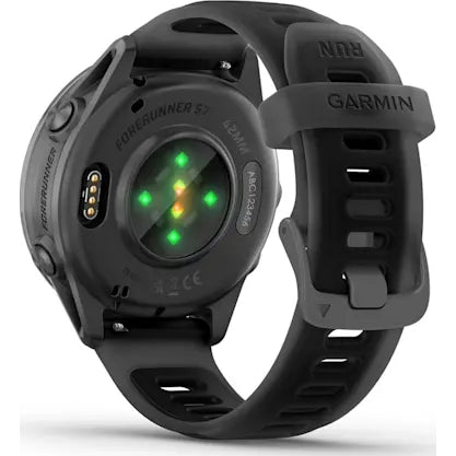 Back view of Garmin Forerunner 570 42MM GPS smartwatch in slate grey showing heart rate sensor and strap buckle.