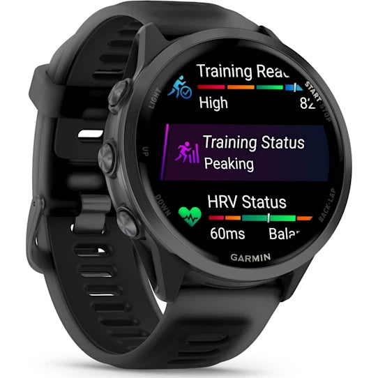 Garmin Forerunner 570 smartwatch in slate/black showing training readiness, status, and HRV status on screen.