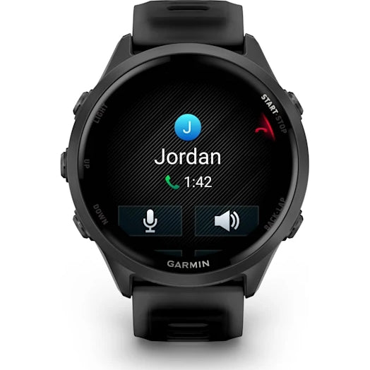 Garmin Forerunner 570 GPS smartwatch in slate/black showing an active call screen with contact Jordan.