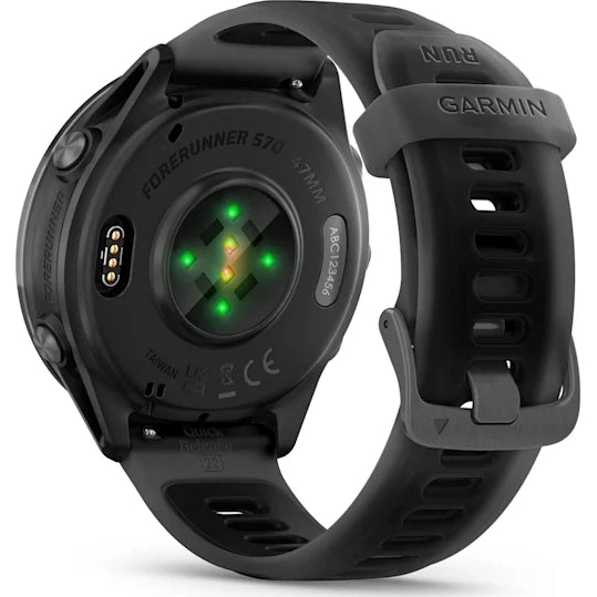 Back view of Garmin Forerunner 570 47mm GPS smartwatch in slate/black showing heart rate sensor and strap details.