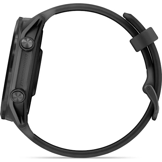Side view of Garmin Forerunner 570 47mm GPS smartwatch in slate and black with two buttons and black strap.