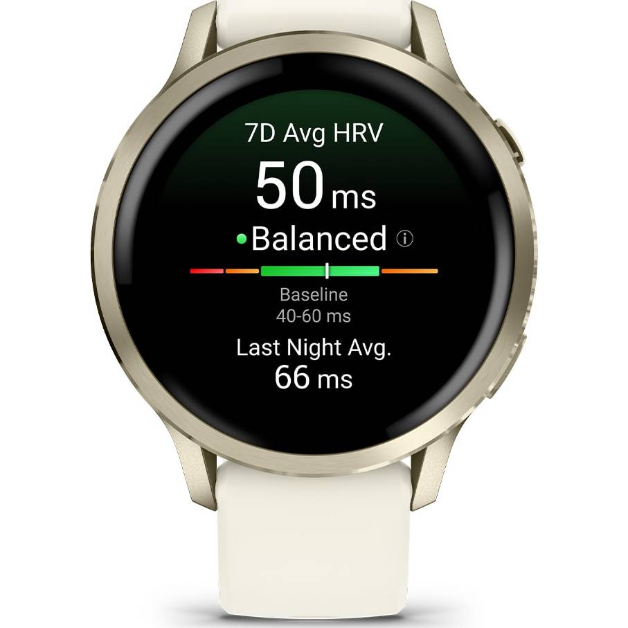 Garmin Venu 4 smartwatch in beige with gold bezel showing heart rate variability stats on screen