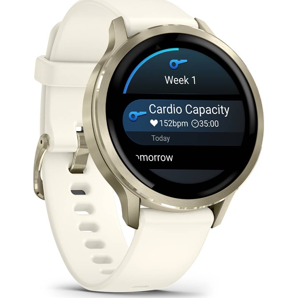 Garmin Venu 4 smartwatch in beige with gold bezel showing cardio capacity and heart rate on screen