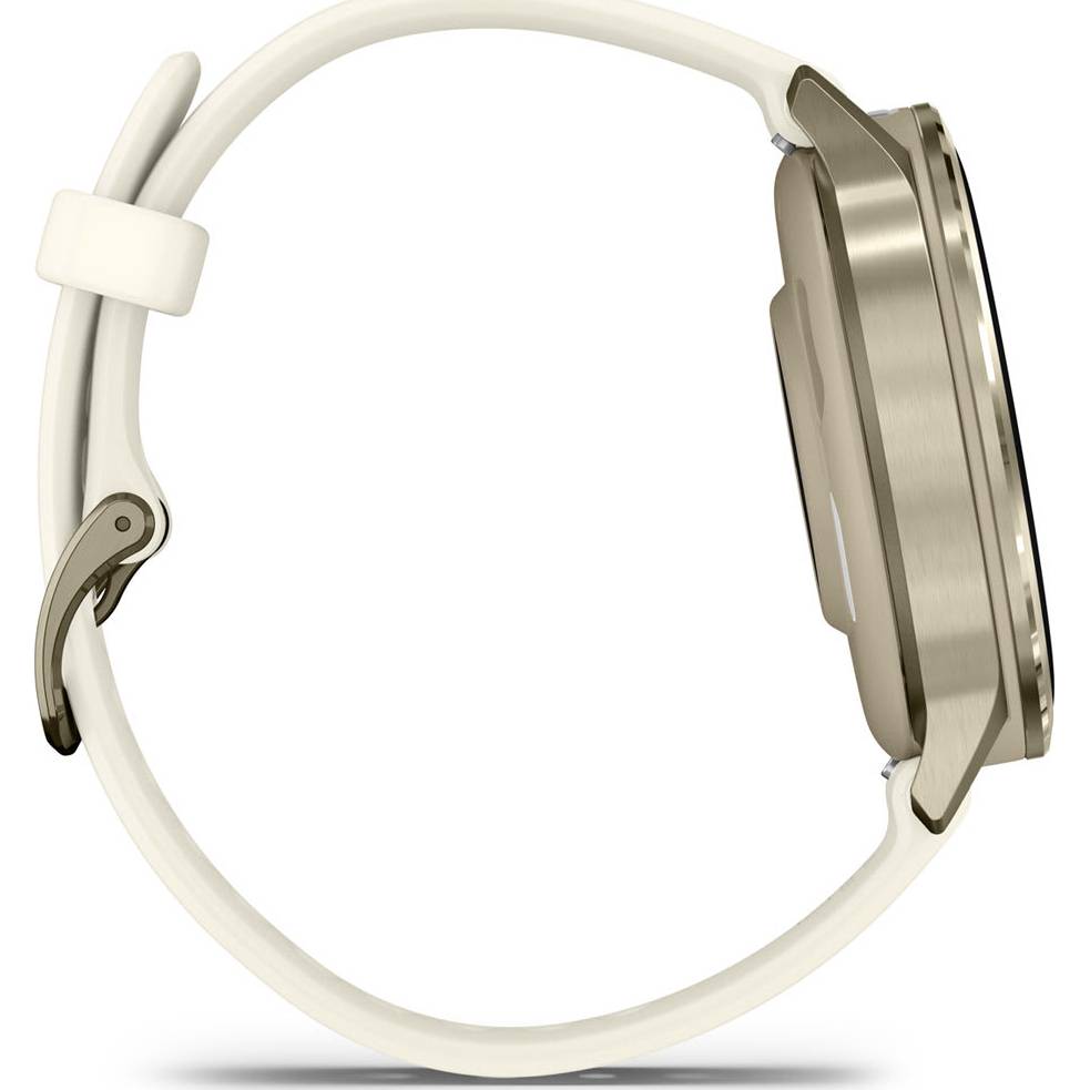 Side view of Garmin Venu 4 smartwatch in beige with gold casing and white strap.