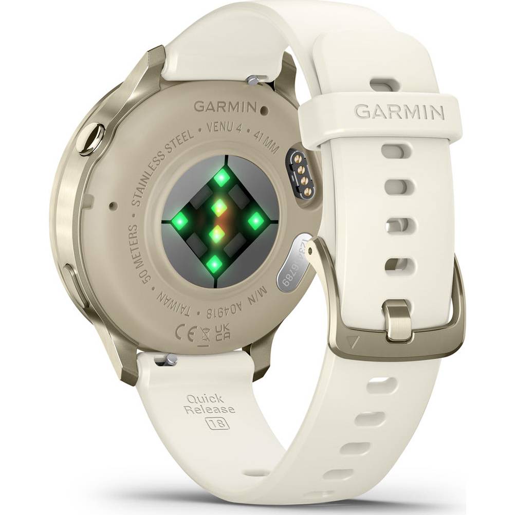 Back view of Garmin Venu 4 (41mm) smartwatch in beige with gold stainless steel case and white strap