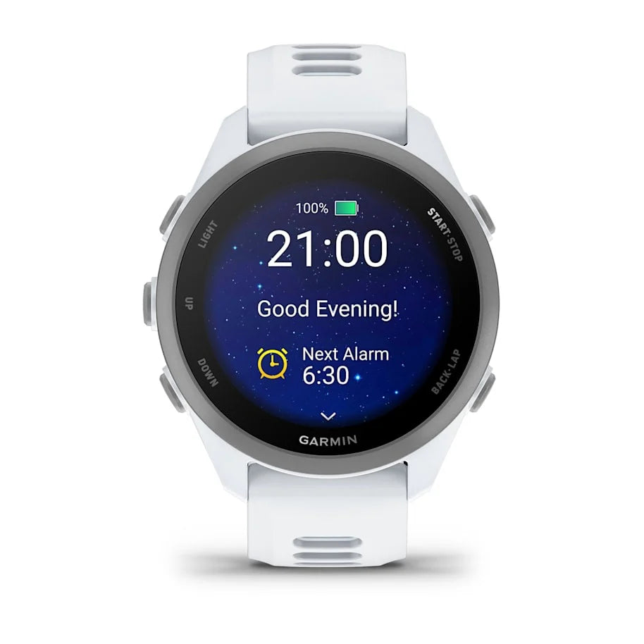 Garmin Forerunner 170 smartwatch in whitestone with cloud blue screen showing time, battery, and alarm details.