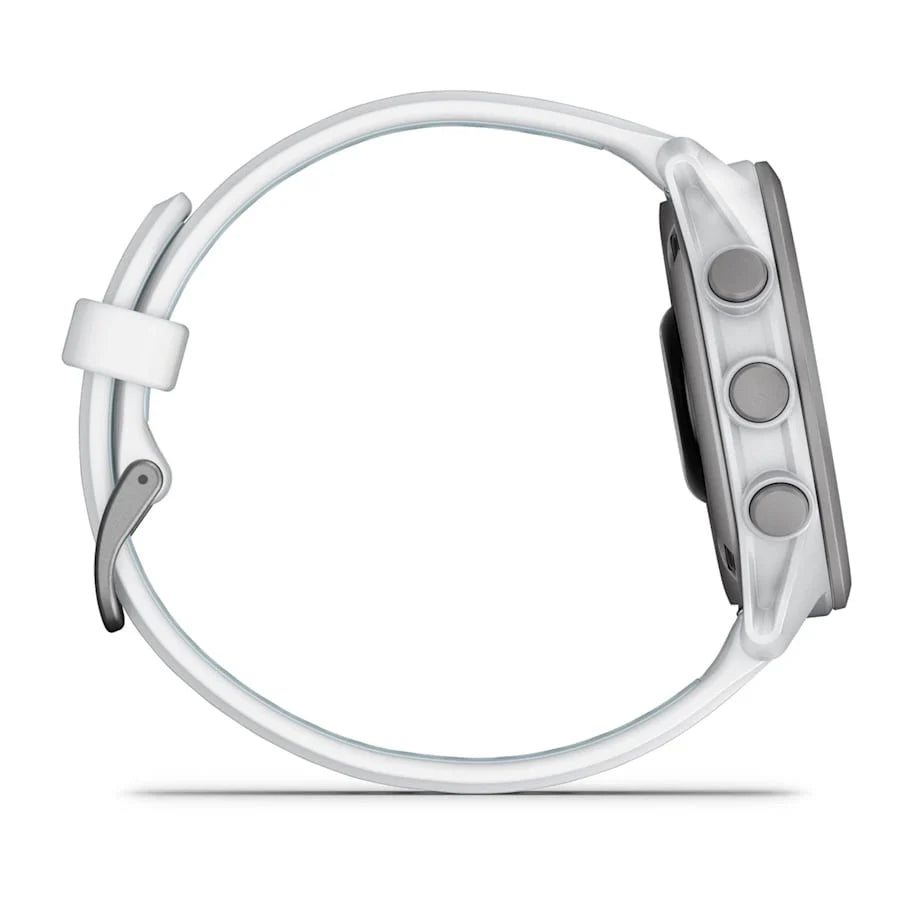 Side view of Garmin Forerunner 170 smartwatch in whitestone and cloud blue with three buttons on the case.