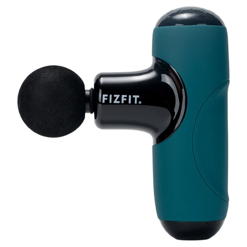 FizFit Massage Gun Mini Q1 in green and black with round black massage head attached, side view.