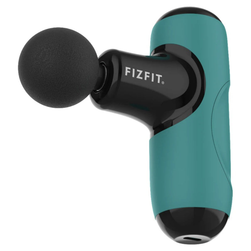 FizFit Massage Gun Mini Q1 in teal and black with round massage head and visible logo on side.