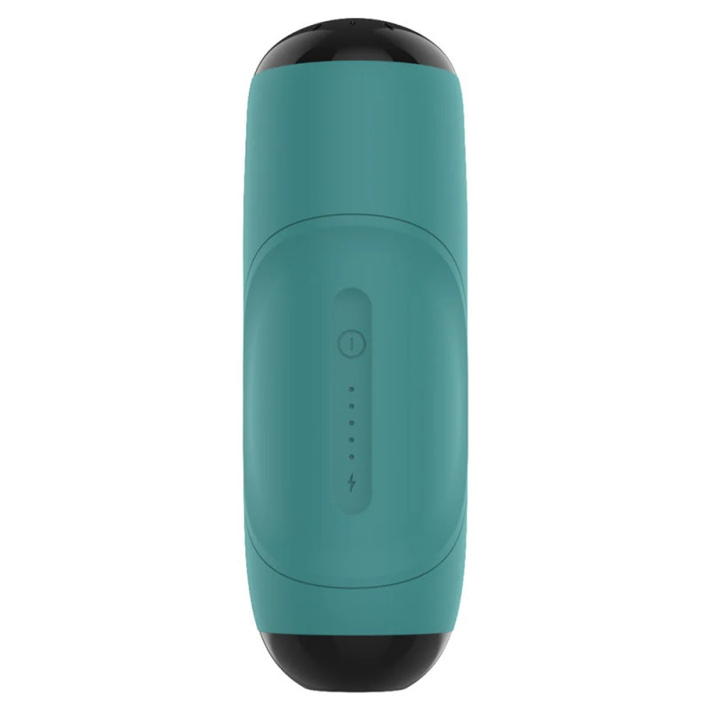 FizFit Massage Gun Mini Q1 in teal with black ends, showing power button and LED indicator lights