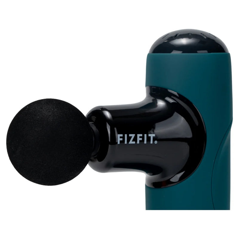 FizFit Massage Gun Mini Q1 in teal with black massage head and glossy black arm showing FizFit logo