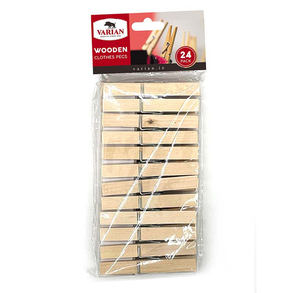 Pack of 24 timber clothes pegs with rust-resistant springs, heavy-duty plastic, strong grip - Keans Claremorris