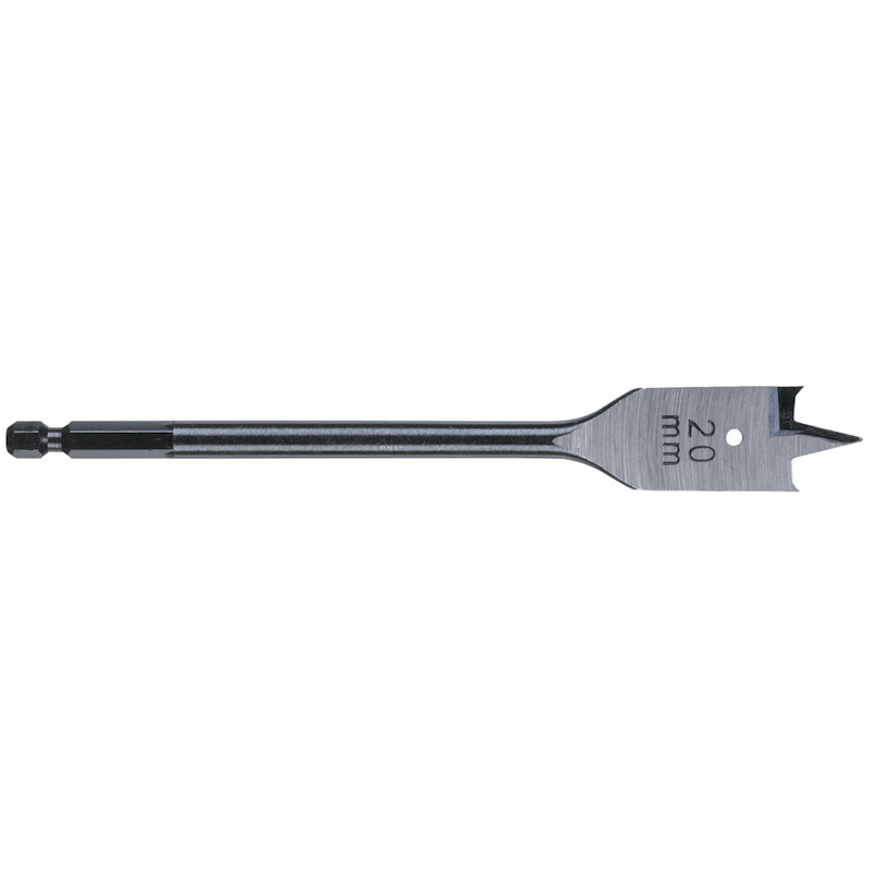 Milwaukee flat wood drill bit with 1/4" hex shank, marked 20mm, showing sharp cutting edges and center point.