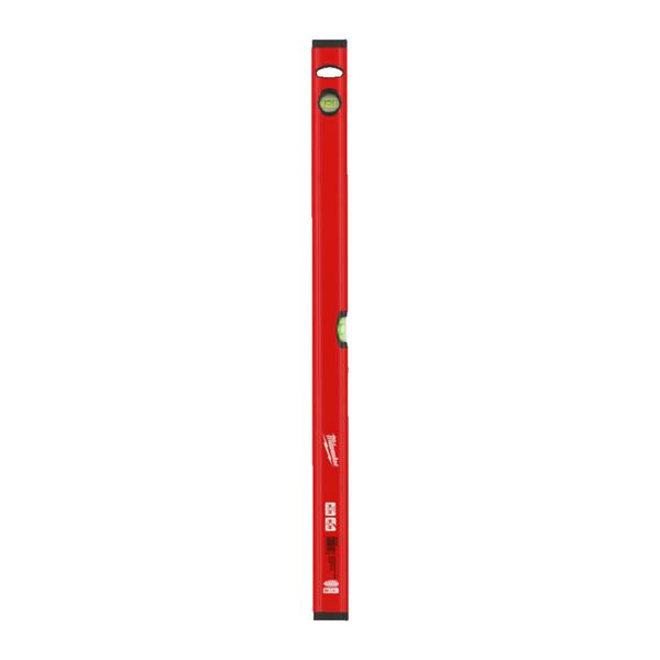 Red Milwaukee Level Slim 80cm with two bubble vials and black end caps, standing upright on white background.