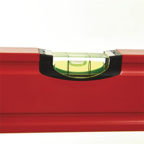 Close-up of the bubble vial on the red Milwaukee Level Slim 80cm tool.