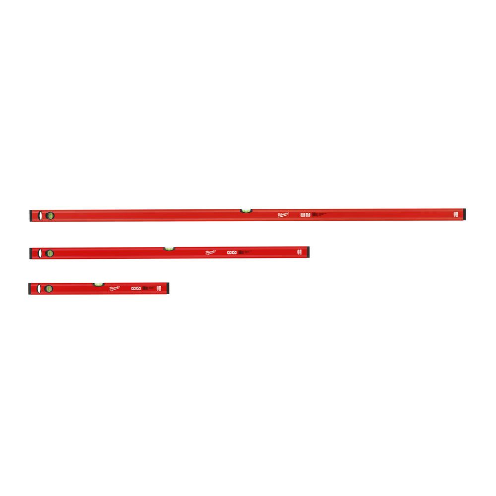 Three red Milwaukee Slim Box Levels in 180 cm, 120 cm, and 60 cm sizes with visible SHARPSITE™ vials.