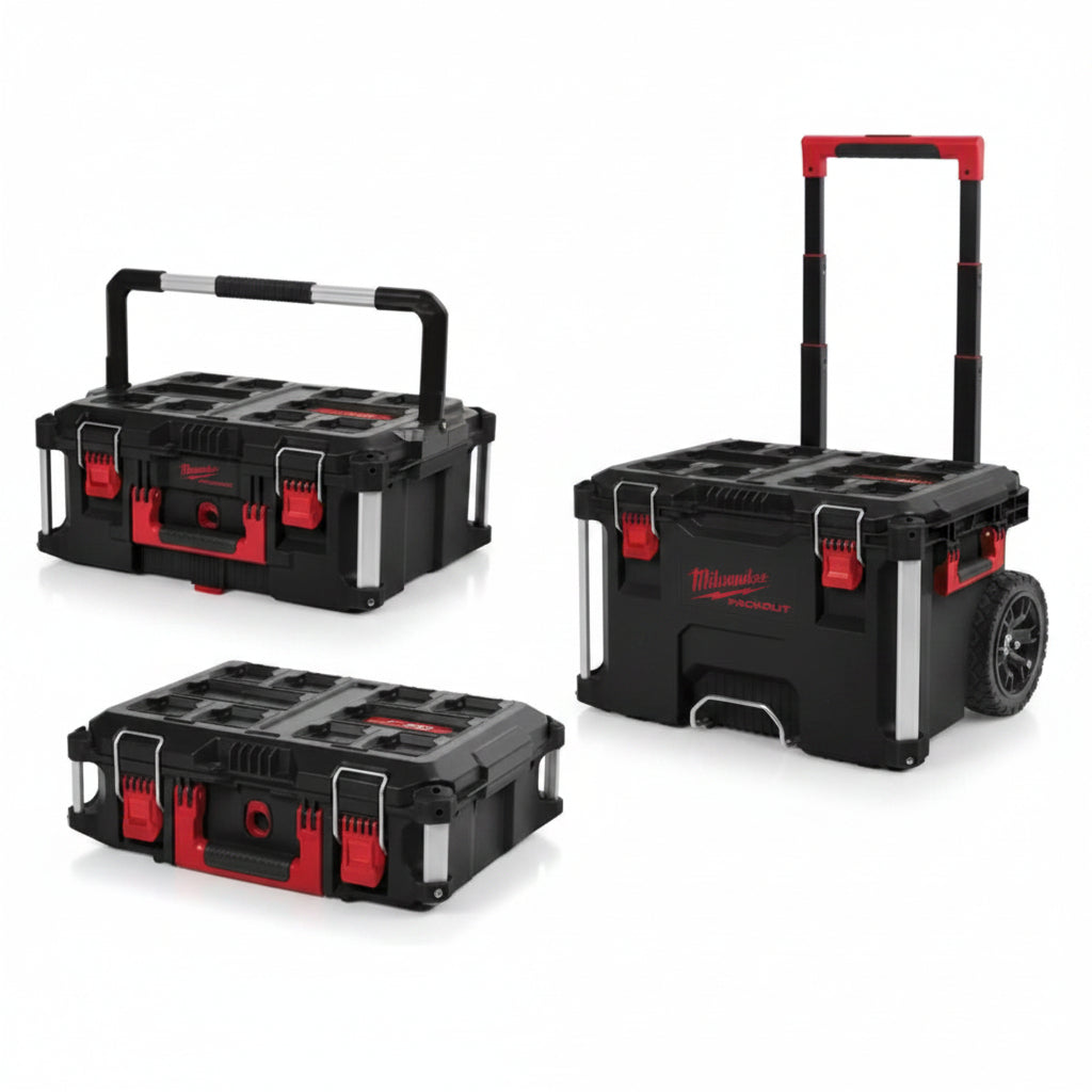 Milwaukee Packout 3-piece set with two toolboxes and one wheeled toolbox with telescopic handle