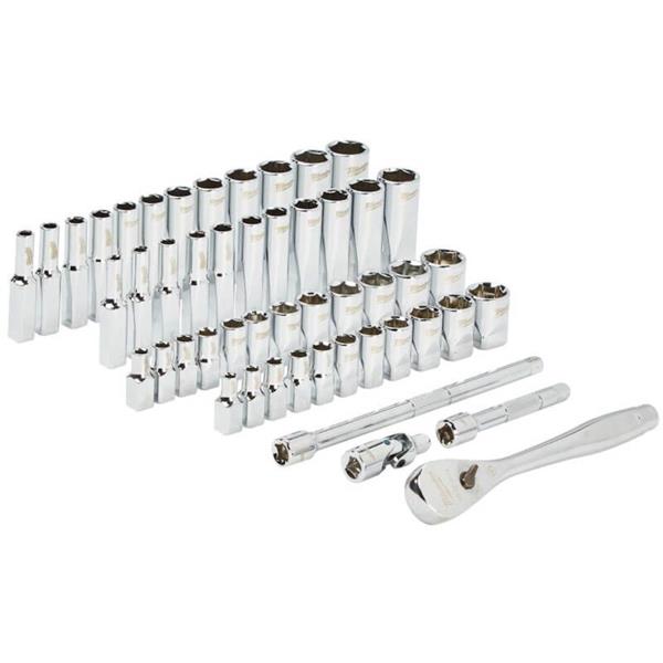 Milwaukee 1/4" driver ratchet set with 50 chrome sockets in metric and imperial sizes, arranged in rows.