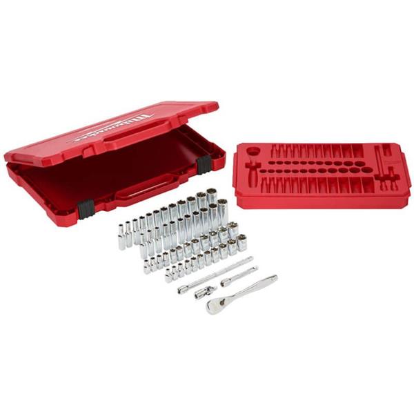 Milwaukee 1/4" driver ratchet and 50 metric and imperial sockets with red plastic case open and tray removed.