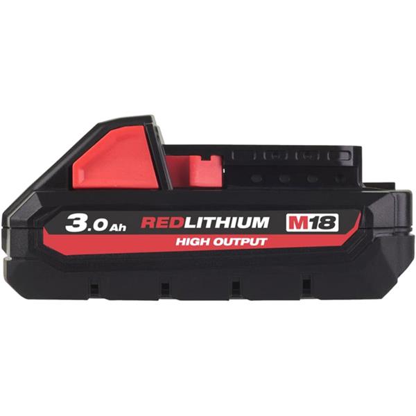 Milwaukee M18 3.0Ah REDLITHIUM high output battery side view with black and red casing