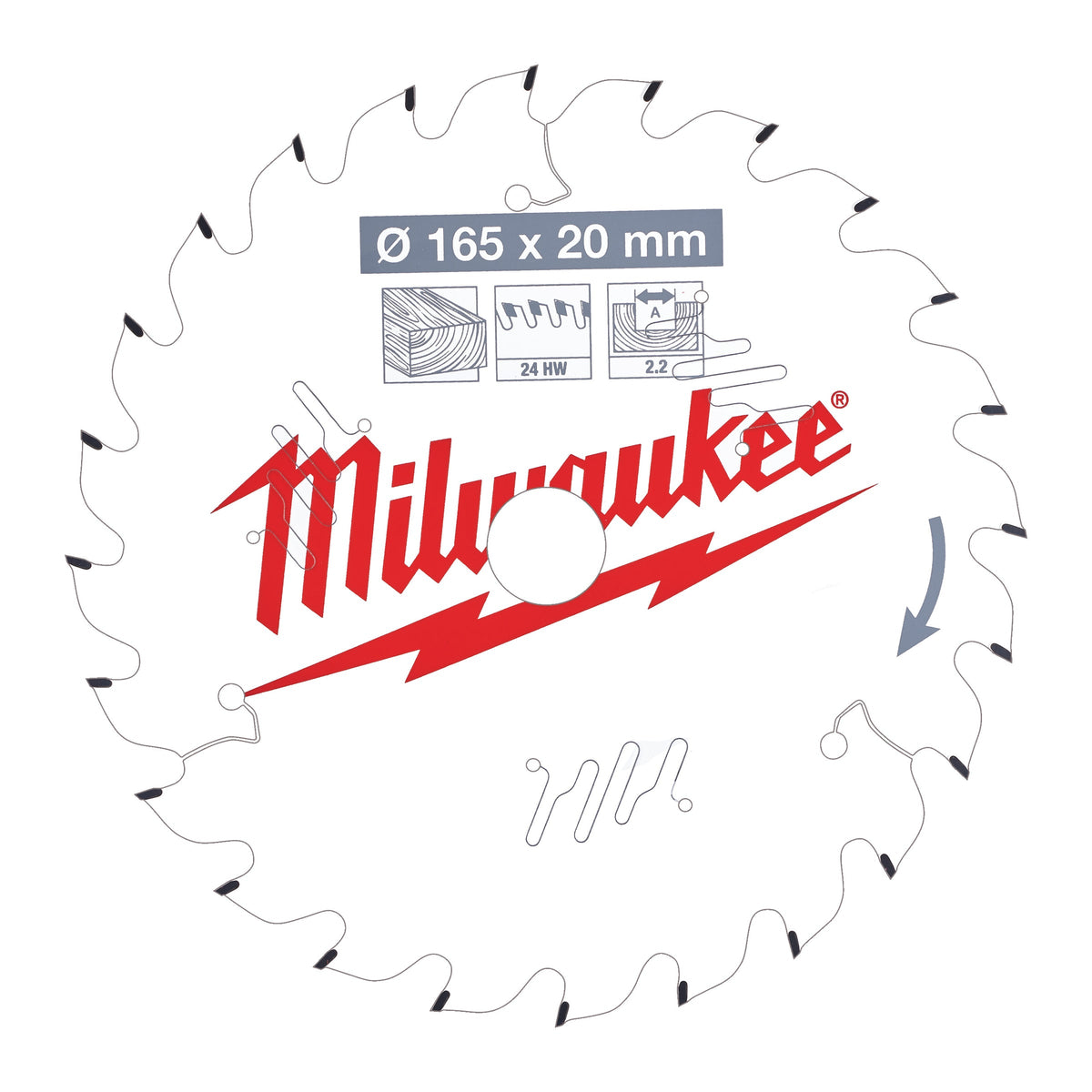 Milwaukee 165mm 24-tooth circular saw blade with tungsten carbide teeth and vibration slots on white background.