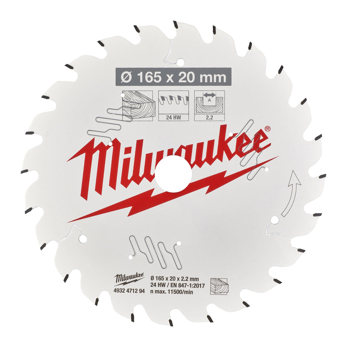 White Milwaukee circular saw blade with 24 teeth and red logo, 165mm diameter, 20mm bore.