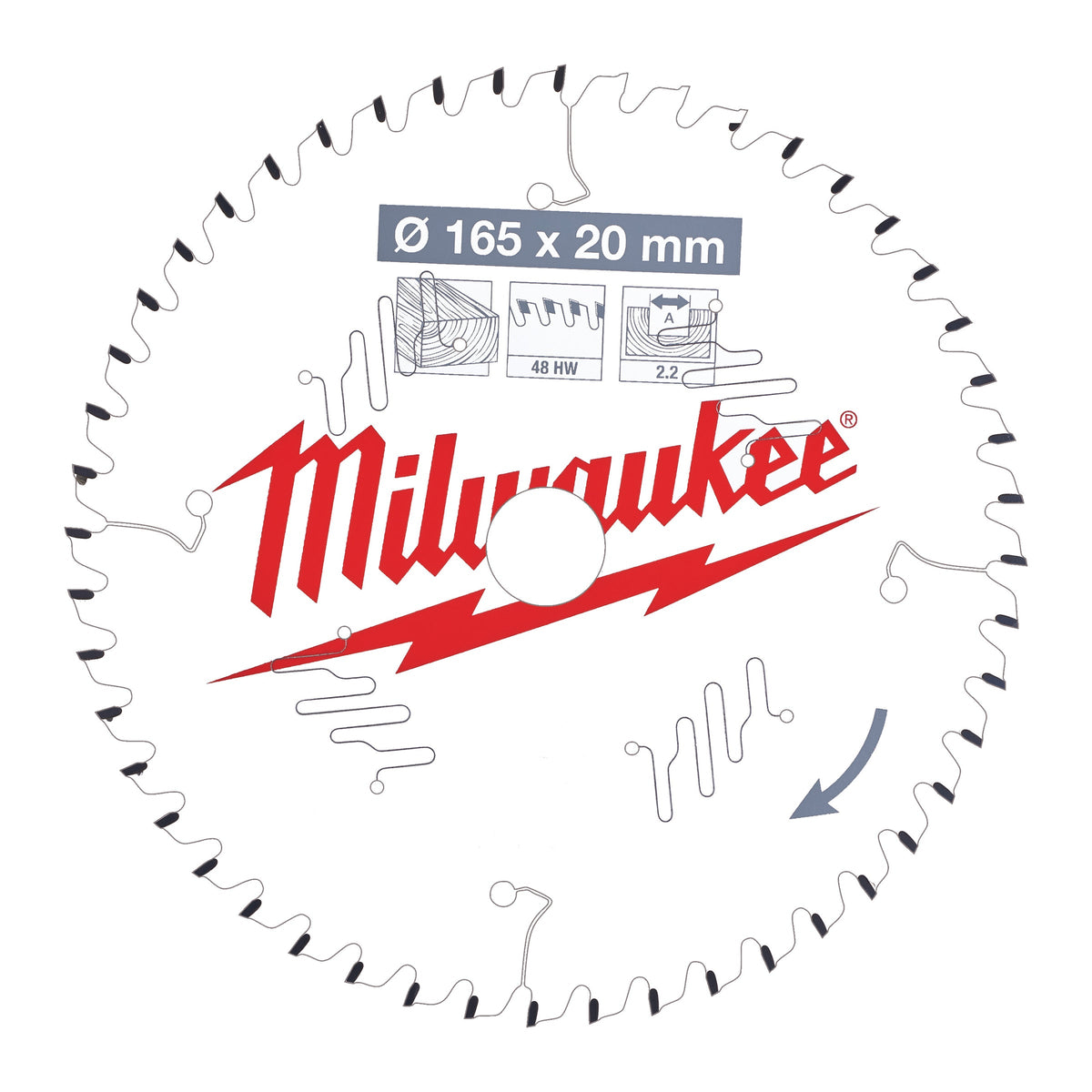 Milwaukee 165mm circular saw blade with 48 carbide teeth and red logo on white background