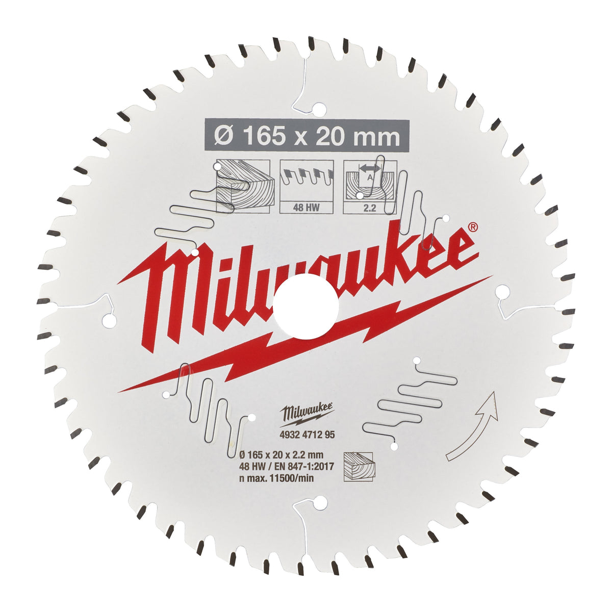 Milwaukee circular saw blade with 48 teeth, 165mm diameter, 20mm arbor, and 2.2mm thickness