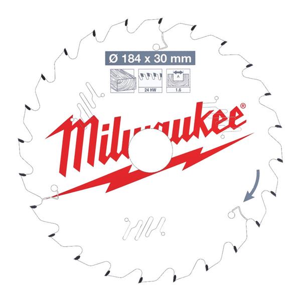 Milwaukee circular saw blade with 24 teeth, 184mm diameter, and red logo on white background