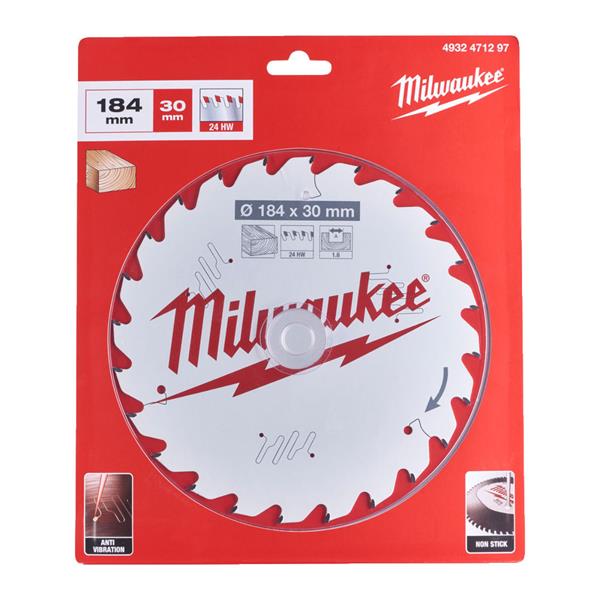 Milwaukee 184mm circular saw blade with 30mm arbor, 24 teeth, in red and white packaging