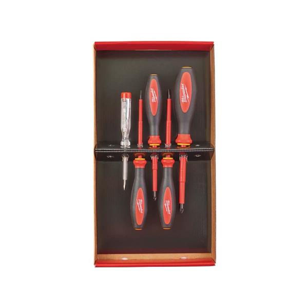 Milwaukee 5-piece Tri-Lobe VDE screwdriver set with black and red handles in open box packaging