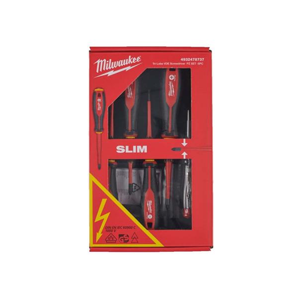 Milwaukee Tri-Lobe VDE Screwdriver Set in red packaging showing five insulated screwdrivers through clear windows