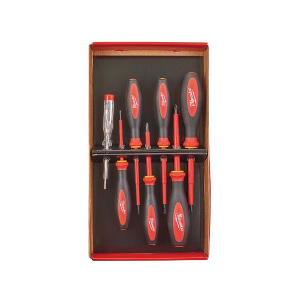 Seven-piece Milwaukee Tri-Lobe VDE screwdriver set with black and red handles in a cardboard box.