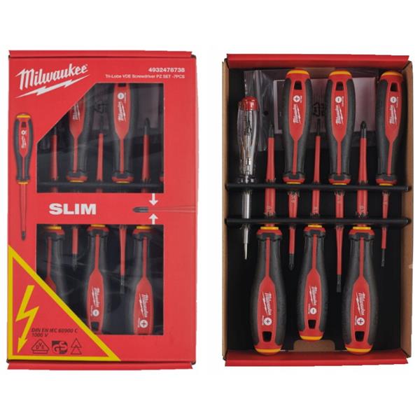 Milwaukee Tri-Lobe VDE 7-piece screwdriver set with red and black handles in open and closed packaging.