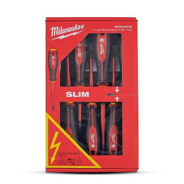 Milwaukee Tri-Lobe VDE Screwdriver PH Set with seven red and black insulated screwdrivers in red packaging.