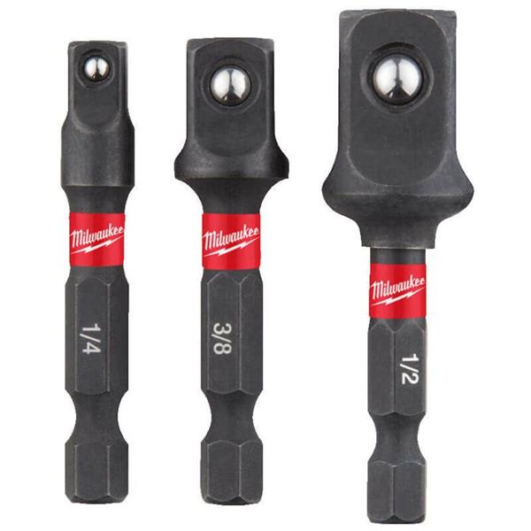 Three Milwaukee Shockwave socket adaptors in 1/4, 3/8, and 1/2 inch sizes with red branding bands.