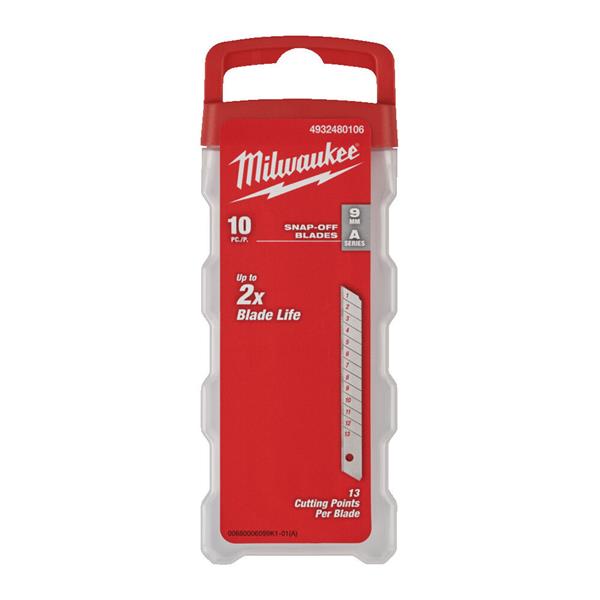 Milwaukee 9mm silver snap-off blades, 10-pack in red plastic case with handle and blade life info.
